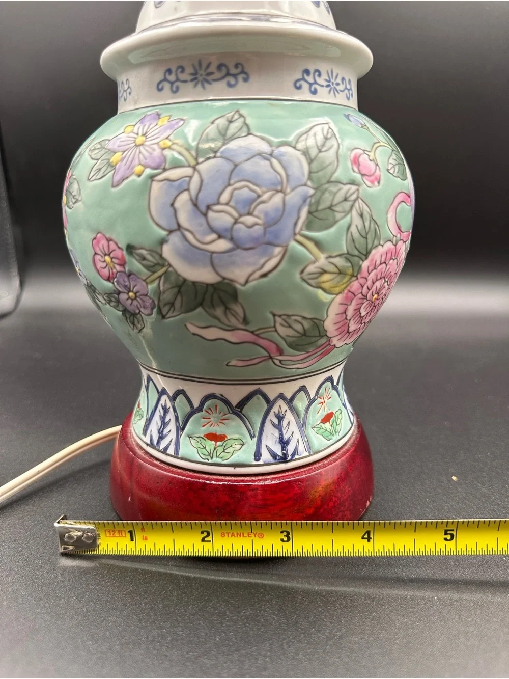 Vintage Chinese Porcelain Ginger Jar Mini Lamp – Celadon Peony Floral, Wood Base